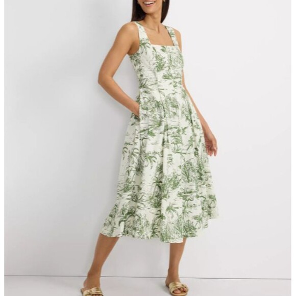 Lands End cotton midi dress 16 p xl 16p green ivory tropical Sundress new 134.95 - Picture 1 of 5